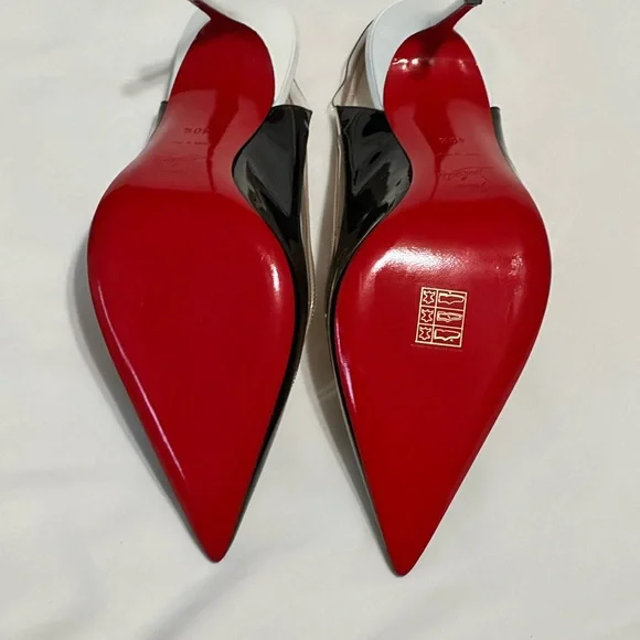 Christian Louboutin Paulina Sling 100 Patent/PVC Black, Nude, and White Heels - Picture 6 of 12